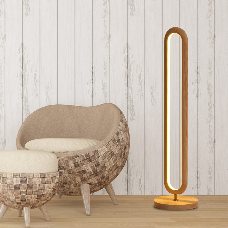 Wooden Oval Floor Reading Lamp In Simplicity Brown/Beige Led Design - Ideal For Bedside Use Wood
