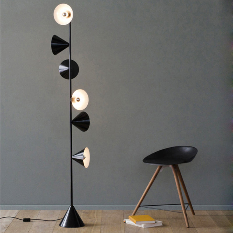 Contemporary Metal Tapered Standing Lamp: 6-Bulb Black Floor Light For Living Room