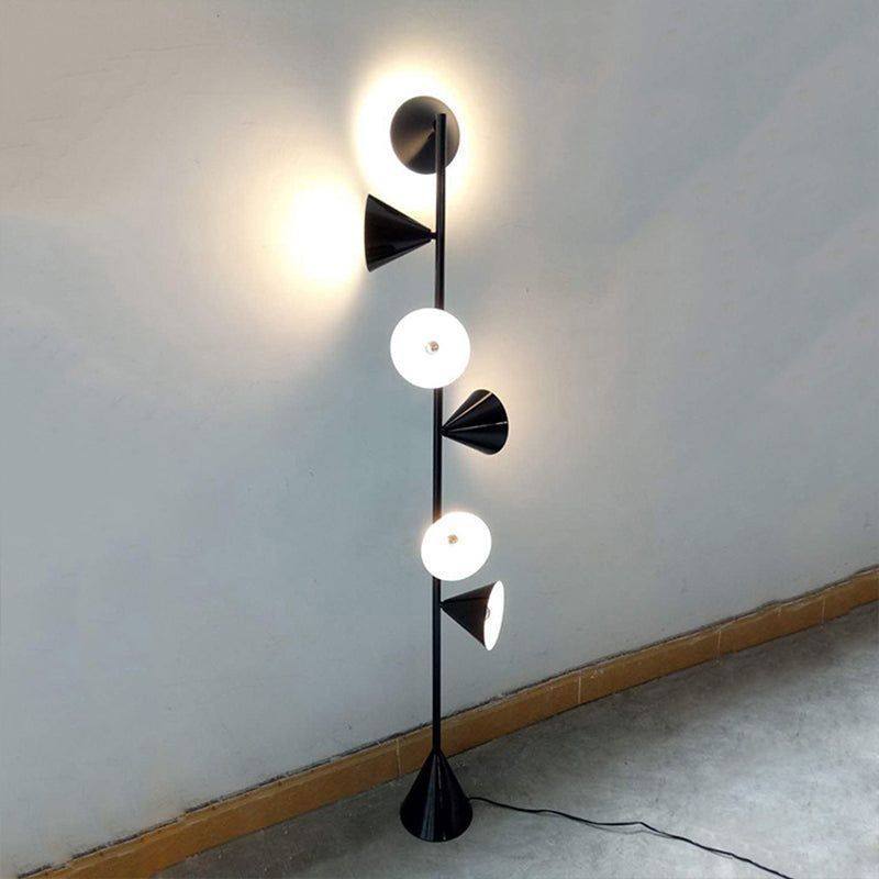 Contemporary Metal Tapered Standing Lamp: 6-Bulb Black Floor Light For Living Room