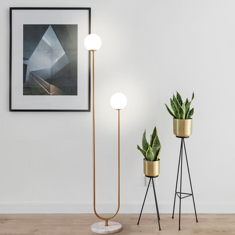 Modern Metal Led Floor Reading Lamp With Gold Stand And Glass Shade