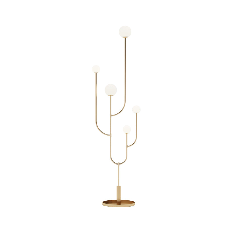 Modern Led Macaron Cactus Floor Reading Lamp With Opal Glass Shade In Brass