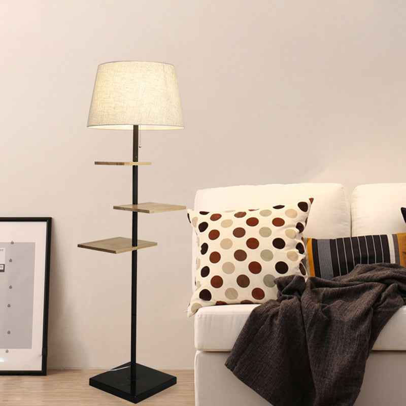 Modernist Wood Square Panel Floor Lamp - Black Finish Fabric Shade