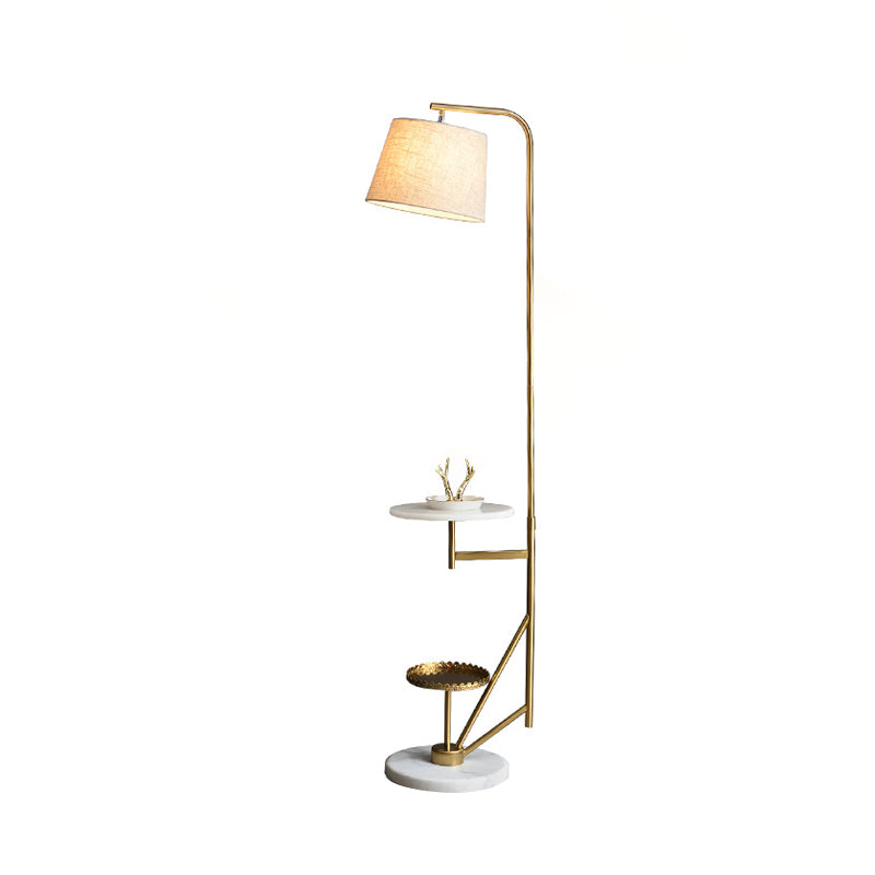 Modern 1-Light Floor Table Lamp: Beige Fabric Shade Gold Curved Arm