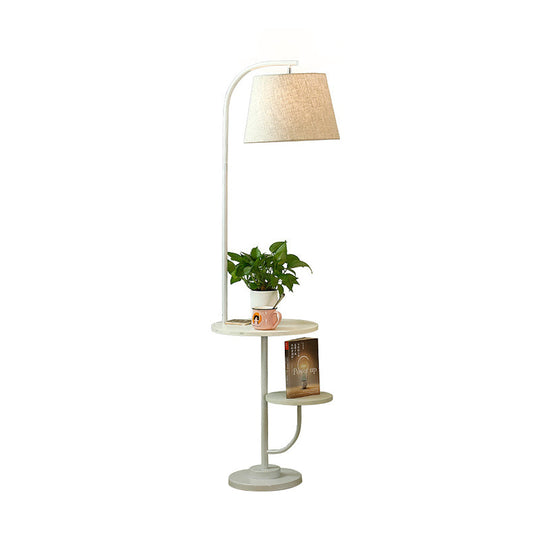 Modern White Arced Floor Lamp With Barrel Fabric Shade - Single Living Room Stand Desk Light