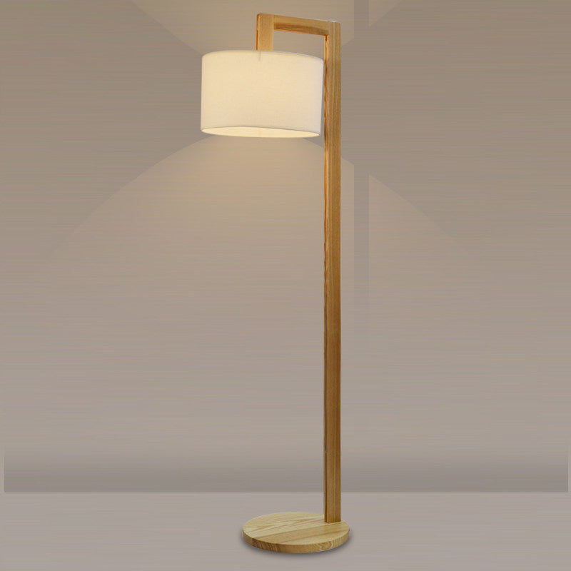 Wooden Right Angle Arm Floor Lamp - Asian Style Single Head Beige Standing With Fabric Shade Wood