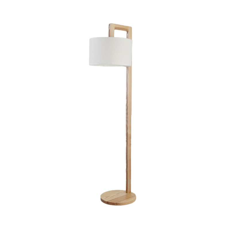 Wooden Right Angle Arm Floor Lamp - Asian Style Single Head Beige Standing With Fabric Shade