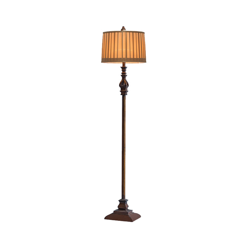 Classic Wood Standing Floor Lamp With Plated Fabric Shade - Dark Coffee Drum Design
