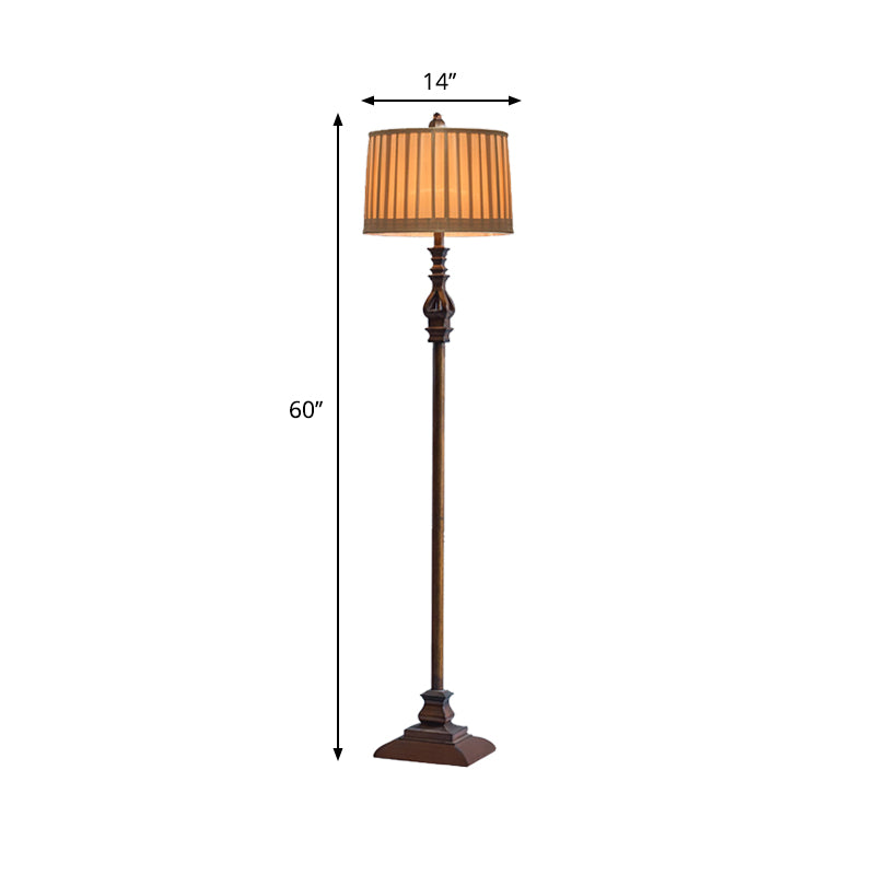 Classic Wood Standing Floor Lamp With Plated Fabric Shade - Dark Coffee Drum Design