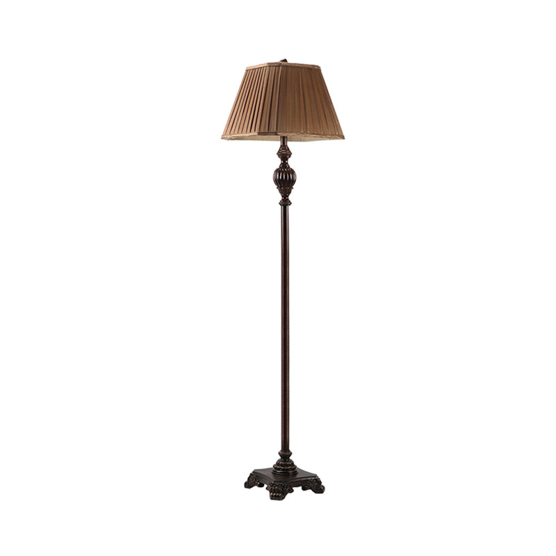 Classic Dark Coffee Plated Fabric Floor Lamp With Wood Base - Trapezoid Shade 1 Bulb