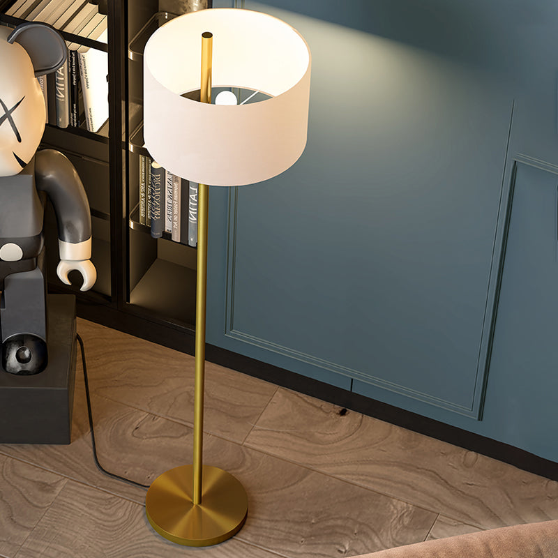 Modern Drum Floor Standing Lamp In Gold With White Fabric Shade - Bedroom Pull-Chain Design