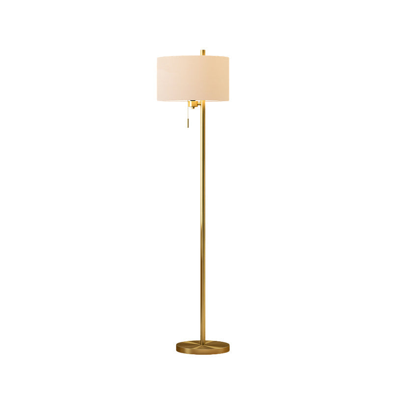 Modern Drum Floor Standing Lamp In Gold With White Fabric Shade - Bedroom Pull-Chain Design