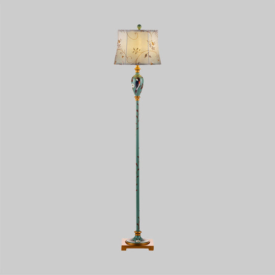 Traditional Wood Floor Lamp: Green Patterned Vase Stand With Bell Fabric Shade