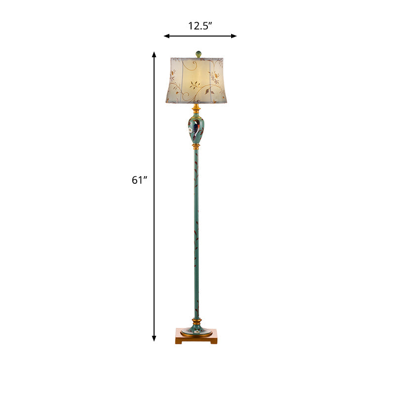 Traditional Wood Floor Lamp: Green Patterned Vase Stand With Bell Fabric Shade