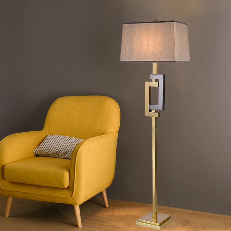 Modern Gold Finish Rectangle Floor Lamp With Single Brown Fabric Shade