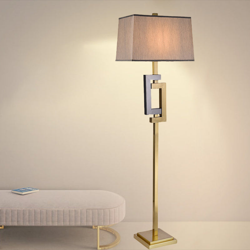 Modern Gold Finish Rectangle Floor Lamp With Single Brown Fabric Shade