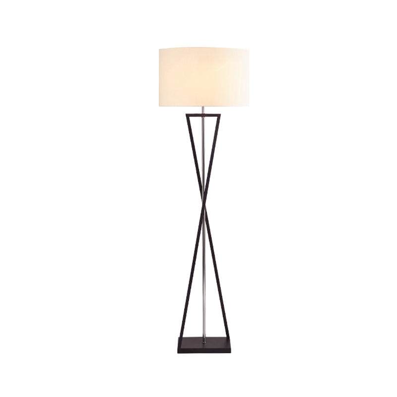 Modern Crossing Line Iron Stand-Up Lamp | 1-Bulb Reading Floor With Drum Shade (White/Black)