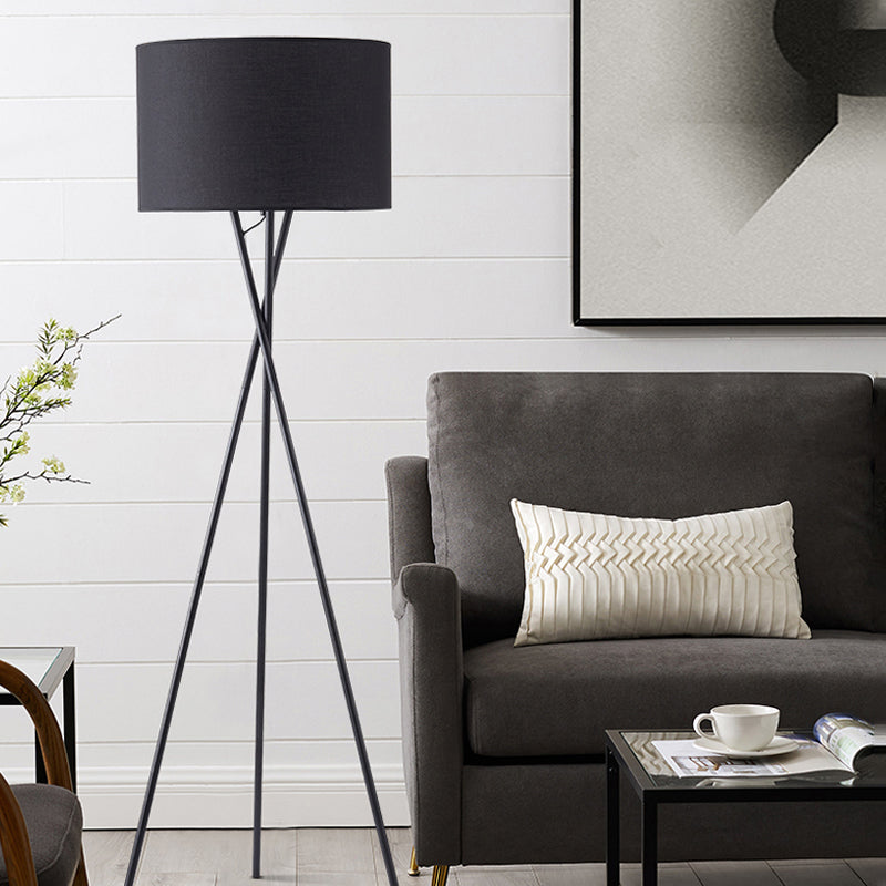 Simple Fabric Drum Shade Floor Reading Lamp With Tripod Stand - White/Black 1 Light Black