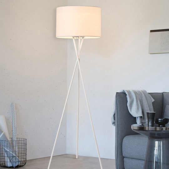 Simple Fabric Drum Shade Floor Reading Lamp With Tripod Stand - White/Black 1 Light White