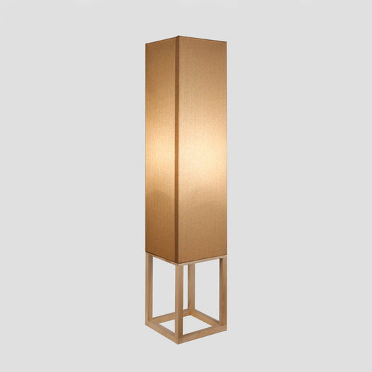 1-Bulb Asian Style Floor Reading Light With Wood Panel Shade In Beige Rectangular Stand Up Design