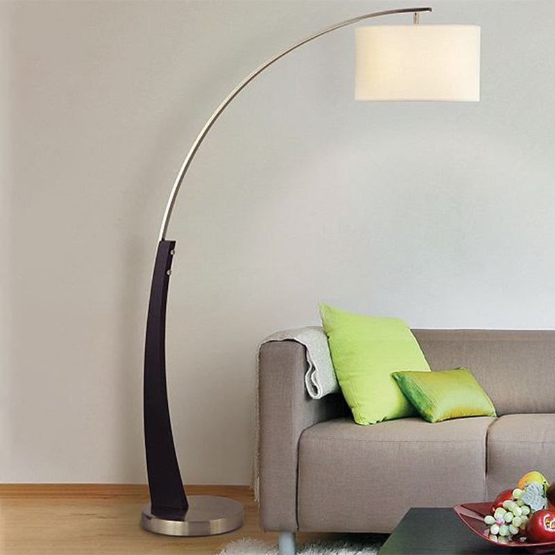 Modernist Floor Lamp With Overarching Design Metal Base Single Light And Black Drum Shade In White