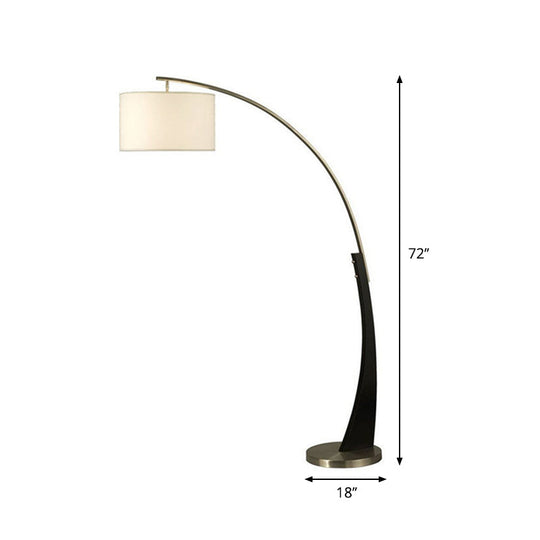 Modernist Floor Lamp With Overarching Design Metal Base Single Light And Black Drum Shade In White