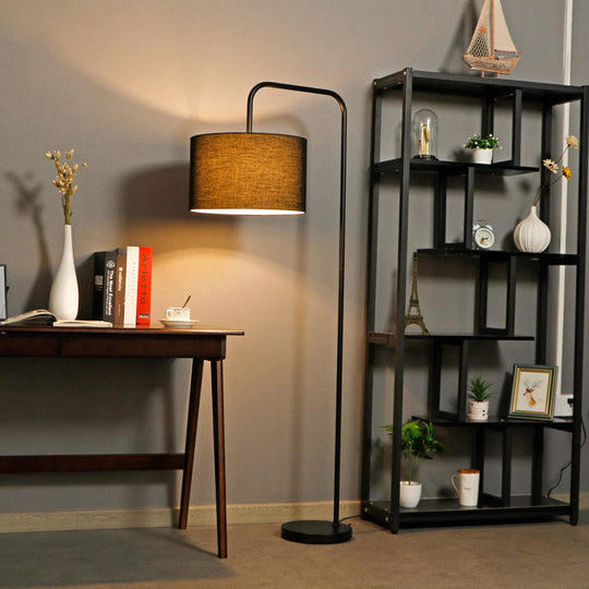 Simplicity Black Drum Shade Floor Lamp With Right Angle Arm Ideal Reading Light