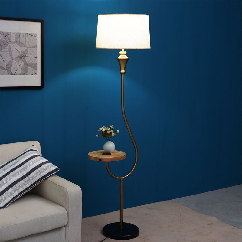 Modernist Gold Fabric Single Head Floor Lamp With Shelf Stylish Bedroom Lighting