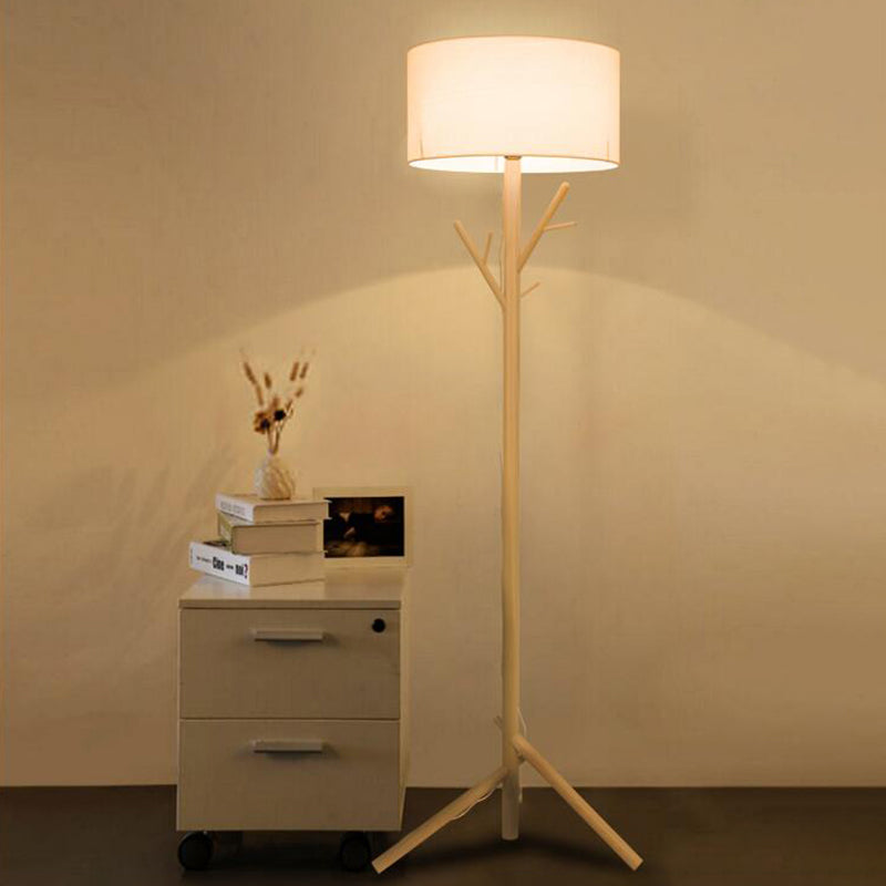 Contemporary Drum White Fabric Floor Lamp - Wood Tree Stand 1-Bulb Standing Light