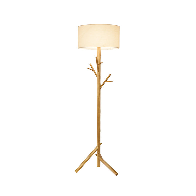 Contemporary Drum White Fabric Floor Lamp - Wood Tree Stand 1-Bulb Standing Light