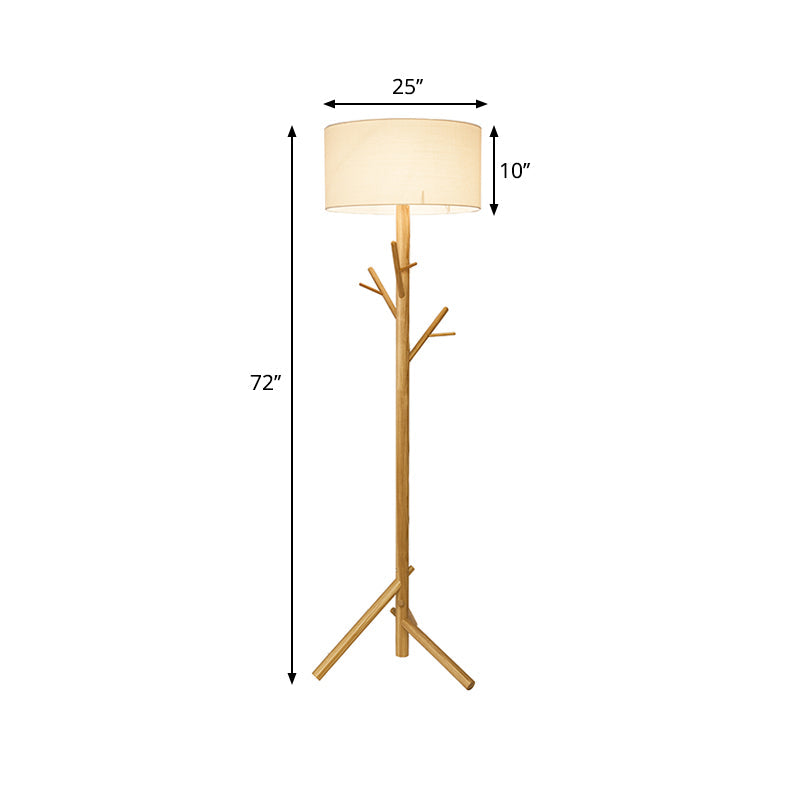 Contemporary Drum White Fabric Floor Lamp - Wood Tree Stand 1-Bulb Standing Light