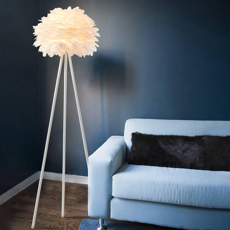 Contemporary Metal Tripod Floor Light With Feather Shade - White