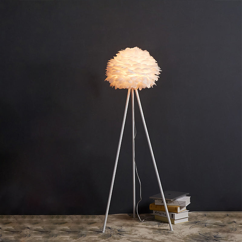 Contemporary Metal Tripod Floor Light With Feather Shade - White