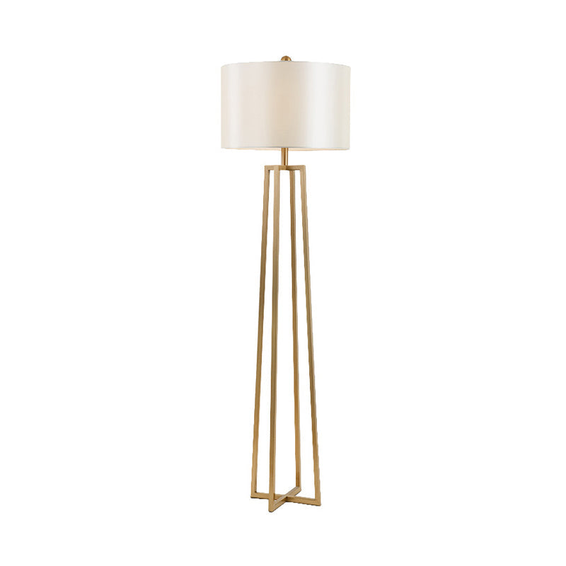 Modernist White Fabric Drum Shade Floor Light With Gold Finish