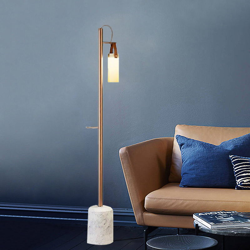Modern Gold Tubular Floor Lamp With Opal Glass Shade & Leather Handle