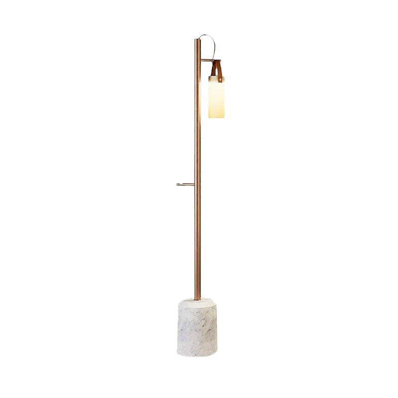 Modern Gold Tubular Floor Lamp With Opal Glass Shade & Leather Handle
