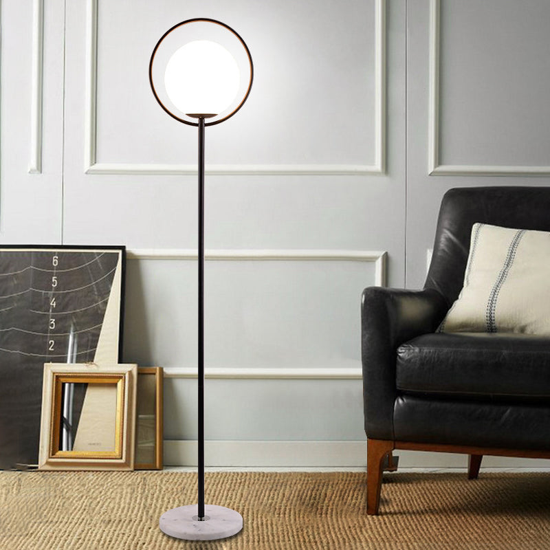 Halo Ring Minimal Metal Floor Lamp With White Glass Shade Black