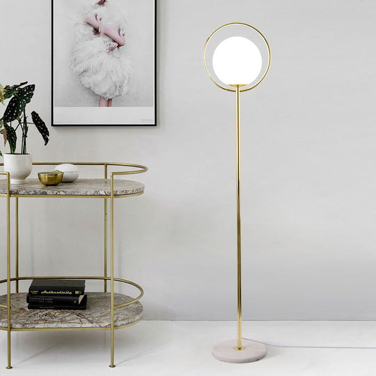 Halo Ring Minimal Metal Floor Lamp With White Glass Shade Gold