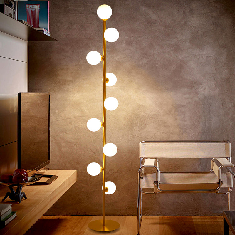 Modernism Modo Shade Floor Light - White Glass 9-Head Lamp In Gold For Living Room Reading