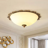 Rural Brass Flush Mount Ceiling Lamp With Frosted White Glass - 3/5 Bulbs Half-Globe Design 5 /