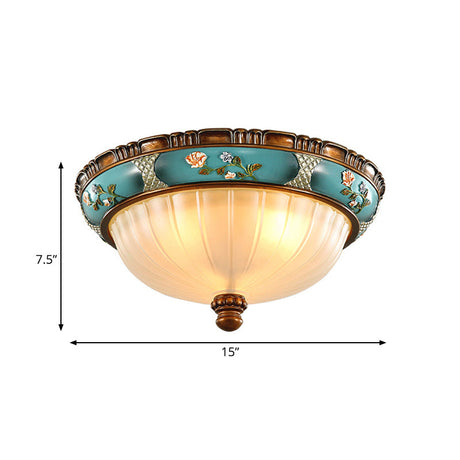 Green Retro Ribbed Glass Flush Mount Ceiling Light With Hemispherical Embossed Flower Design - 15/19