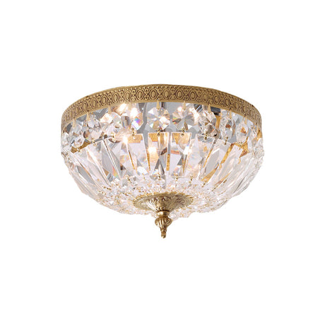 Modern Brass Bowl-Shape Ceiling Flush Light With Crystal Strand - 2 Bulbs Bedroom Lamp