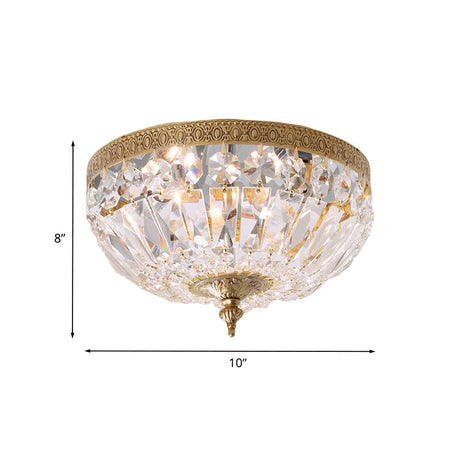 Modern Brass Bowl-Shape Ceiling Flush Light With Crystal Strand - 2 Bulbs Bedroom Lamp