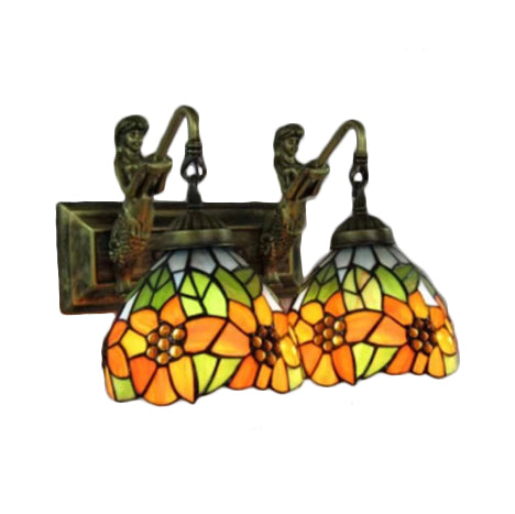 Tiffany Orange Glass Flower Wall Mount Light Sconce With 2 Heads And Mermaid Decoration - Perfect