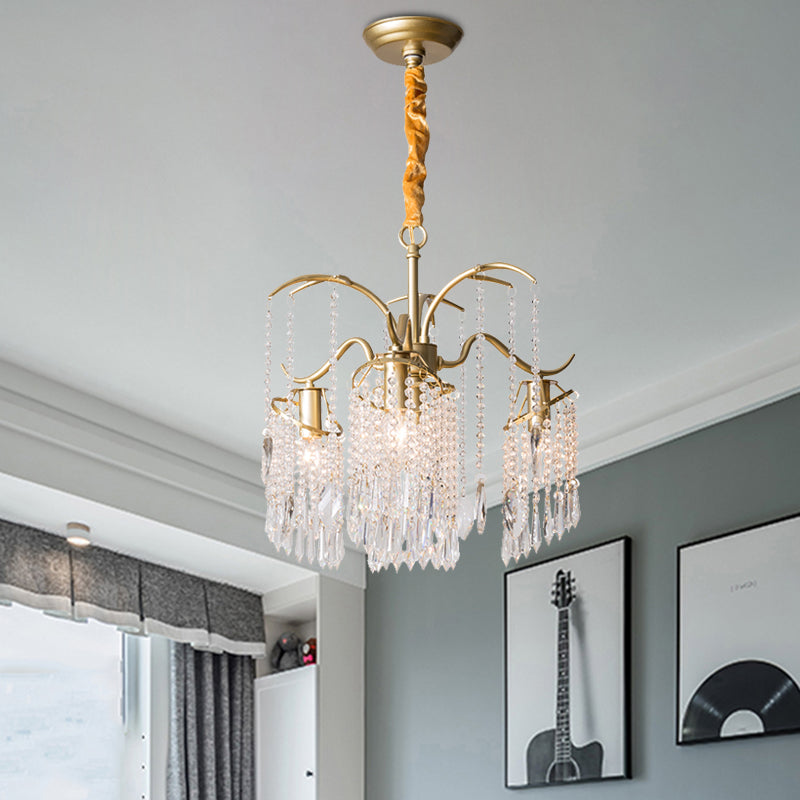 4-Bulb Gold Chandelier with Modern Windbell Crystal Beads