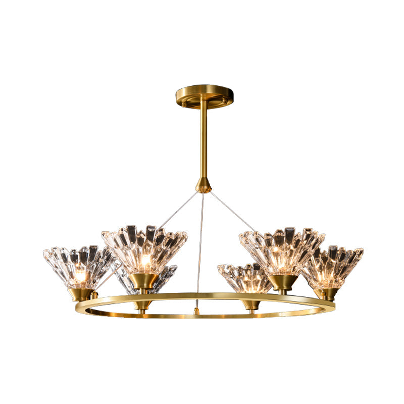 Modern Gold Rounded Pendant Chandelier with Crystal Facets - Suspended Dining Room Lighting Fixture (6 Heads)