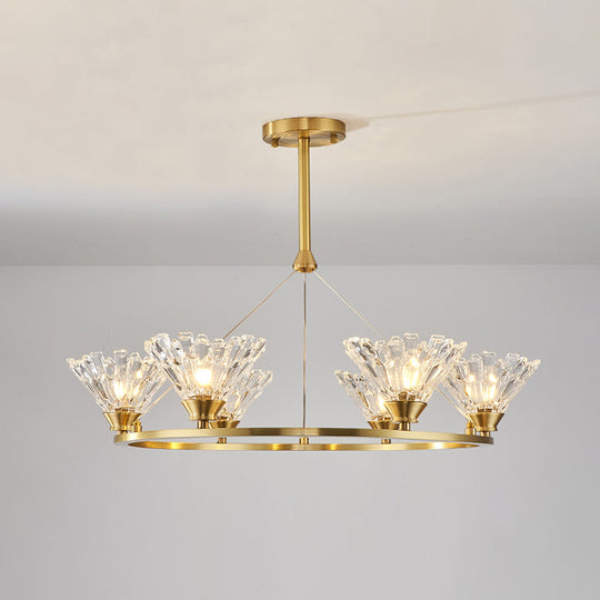 Modern Gold Rounded Pendant Chandelier with Crystal Facets - Suspended Dining Room Lighting Fixture (6 Heads)