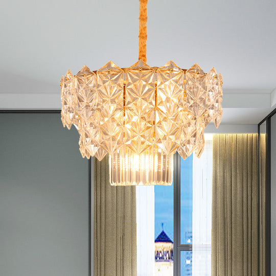 9-Head Crystal Flute Chandelier: Modern Gold Drum Hanging Light Fixture For Dining Room