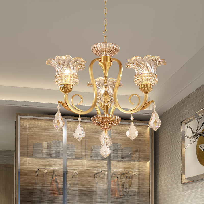 European Draping Crystal Ball Chandelier - Gold Floral Shade Pendant Lamp with 3 Lights