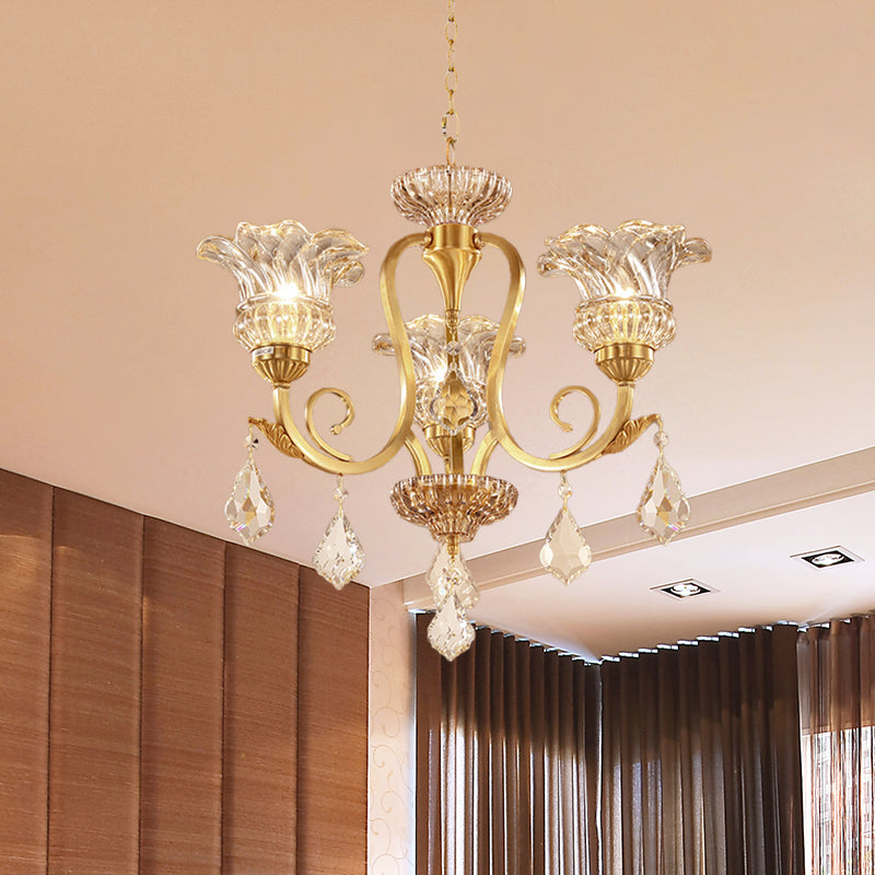 Gold Floral Shade Pendant Chandelier With Crystal Ball Accents - 3-Light European Draping Suspension