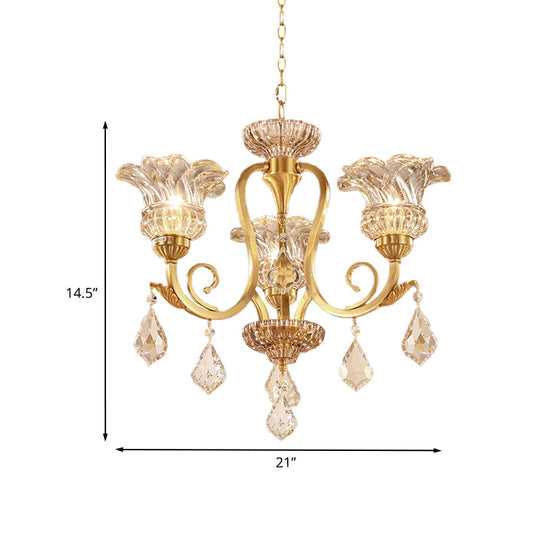 European Draping Crystal Ball Chandelier - Gold Floral Shade Pendant Lamp with 3 Lights